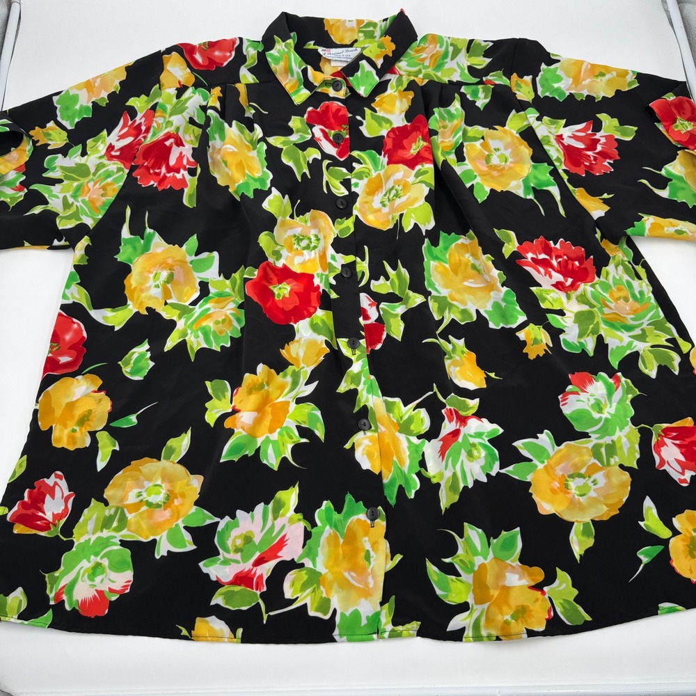 A Personal Touch Floral Blouse Womens 4X Black Red Yellow Short Sleeve Pleated